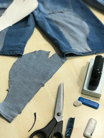 Jeansstoffteile, Schere und Schneiderwerkzeuge auf Tisch.