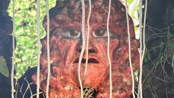 Rote Maske hinter Seilen im Wald.