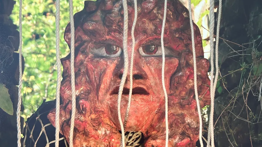 Red mask behind ropes in a forest.