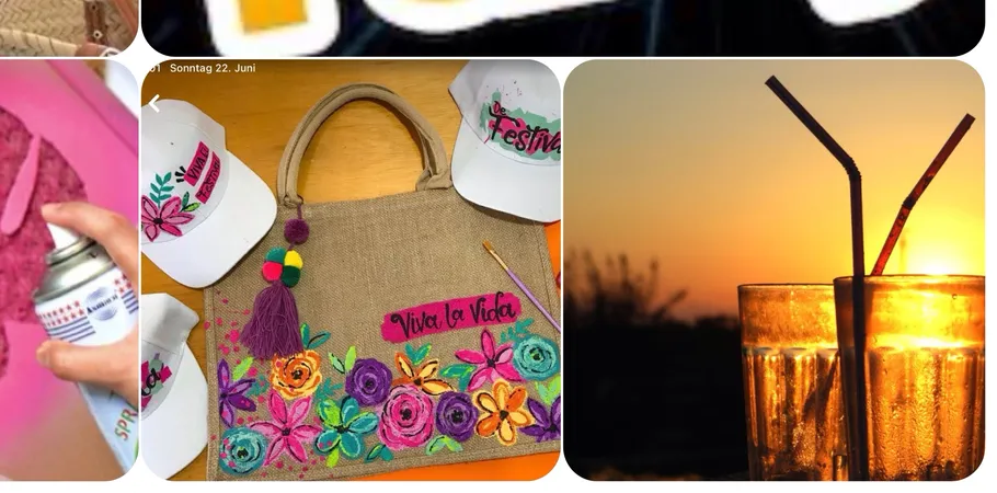 Decorated bag with text and colorful caps.