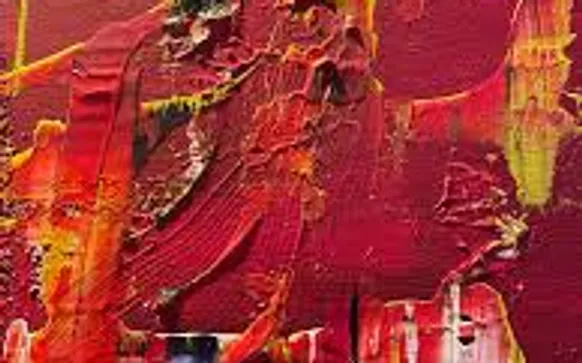 Abstract red and yellow textured painting.