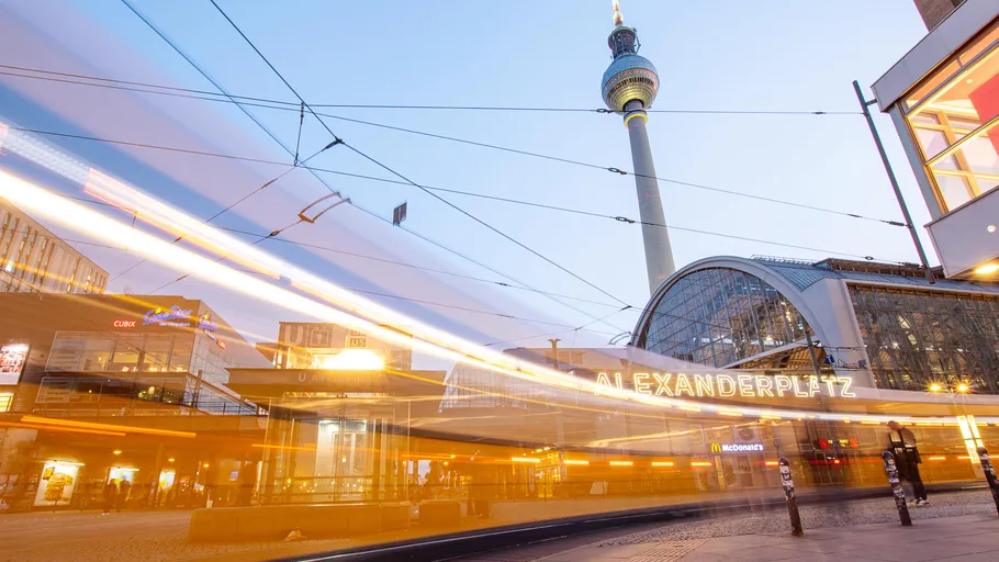 Tram motion blur at Alexanderplatz, Berlin.