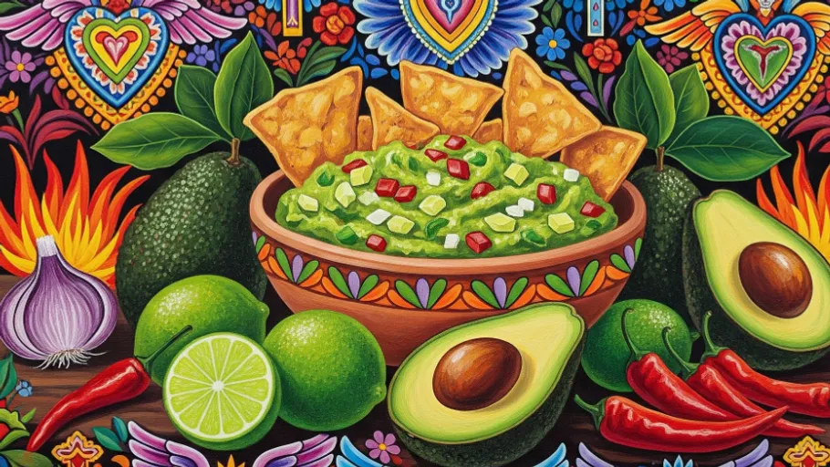 Guacamole mit Chips, Avocados und buntem Hintergrund.