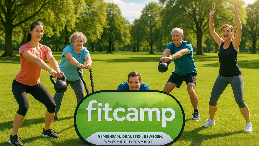 Gruppe trainiert mit Kettlebells im Park.