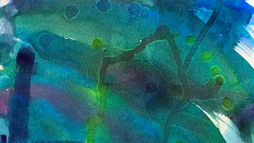 Abstract painting with green and blue hues.