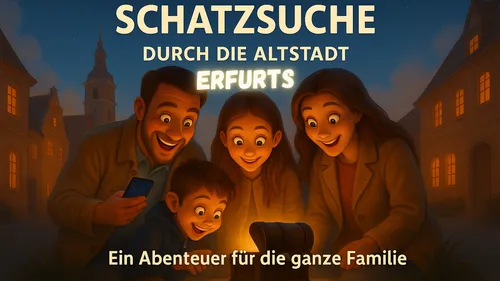Family excitedly finds treasure chest at night.
