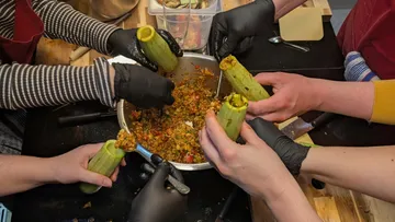 Hände füllen Zucchini mit Gemüsemischung.