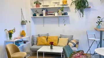 Cozy living room with plants and colorful pillows.