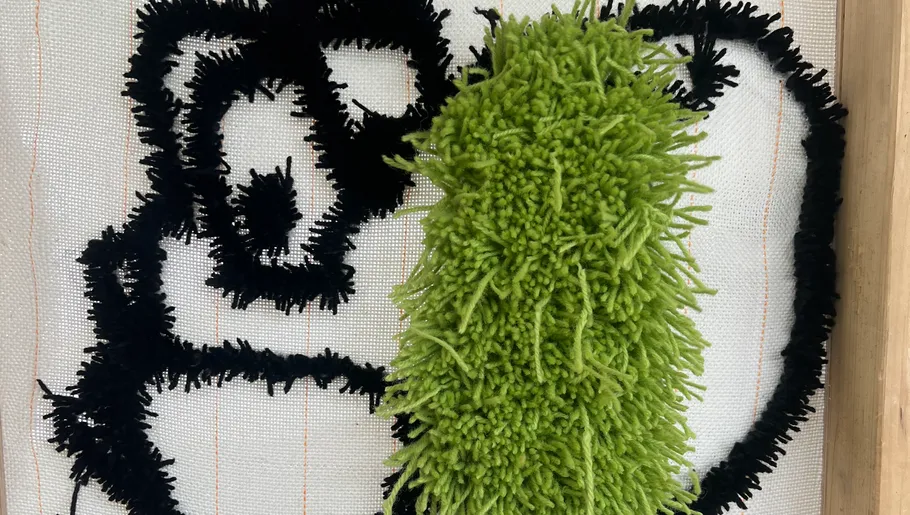 Black yarn outline with green tufted area.
