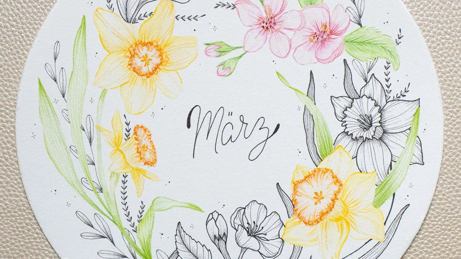Colorful floral illustration with text 'März'.