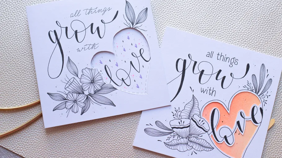 Two cards with floral designs, love-themed text.