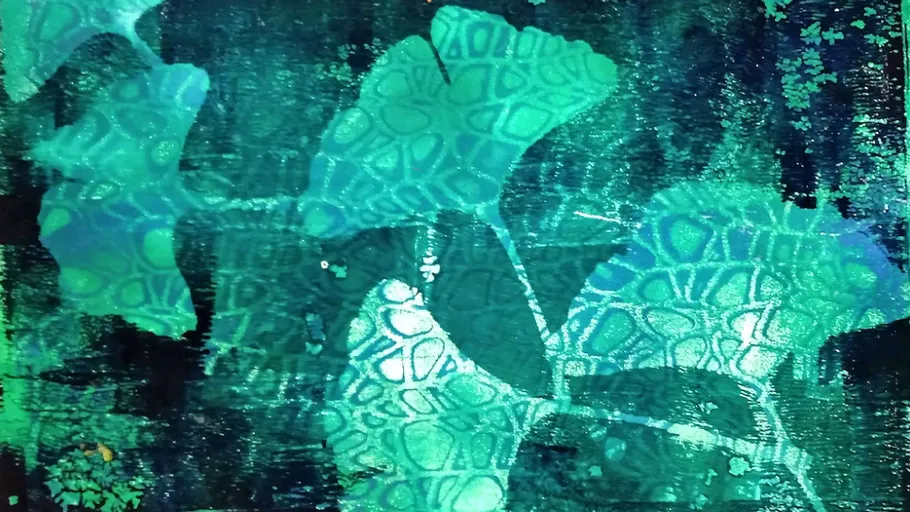 Abstract green leafy shapes with textured background.