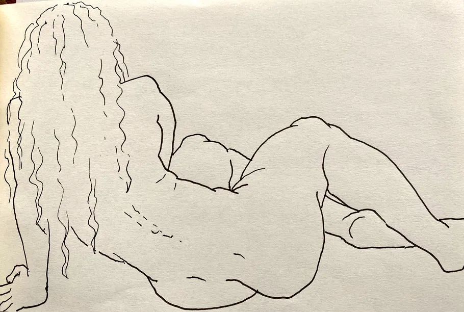 Line drawing of reclining woman, wavy hair.
