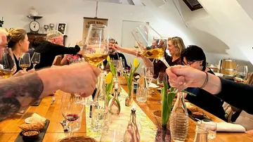 People clinking wine glasses at a dining table.