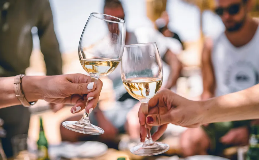Two people clinking wine glasses outdoors.