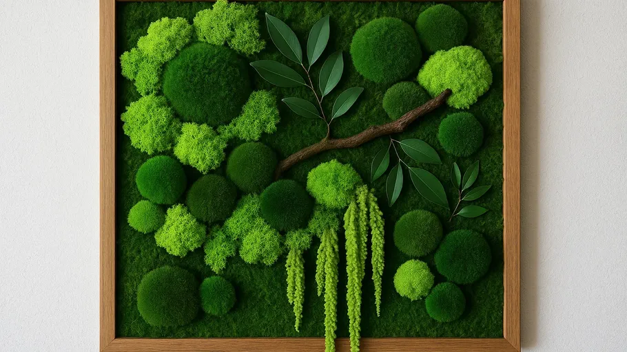 Moss art with branch in wooden frame.