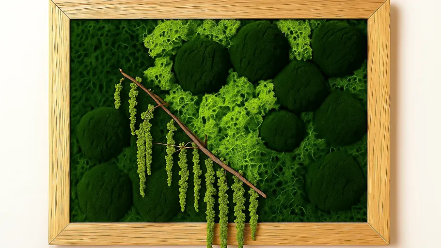 Framed moss art with branch decor.