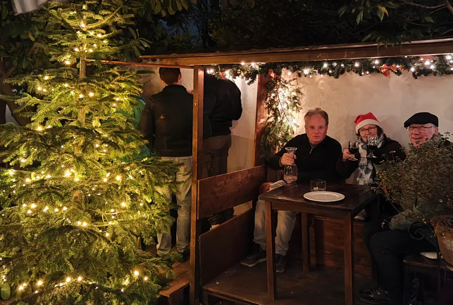 People sitting at outdoor table with Christmas lights.