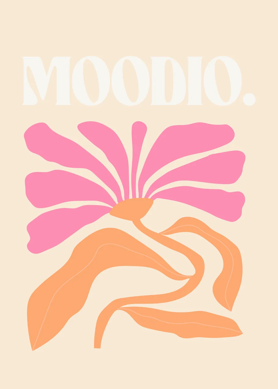 Flower illustration and 'MOODIO' text on beige background.