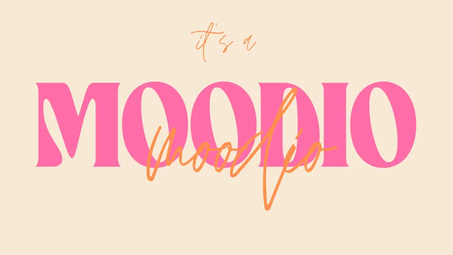 Text 'it's a MOODIO moodio' on beige background.