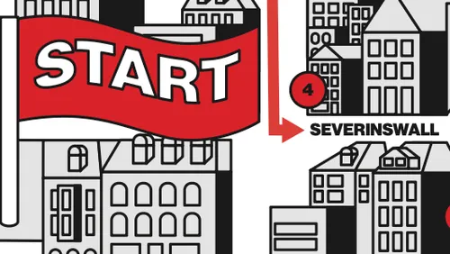 Red start flag over city illustration.