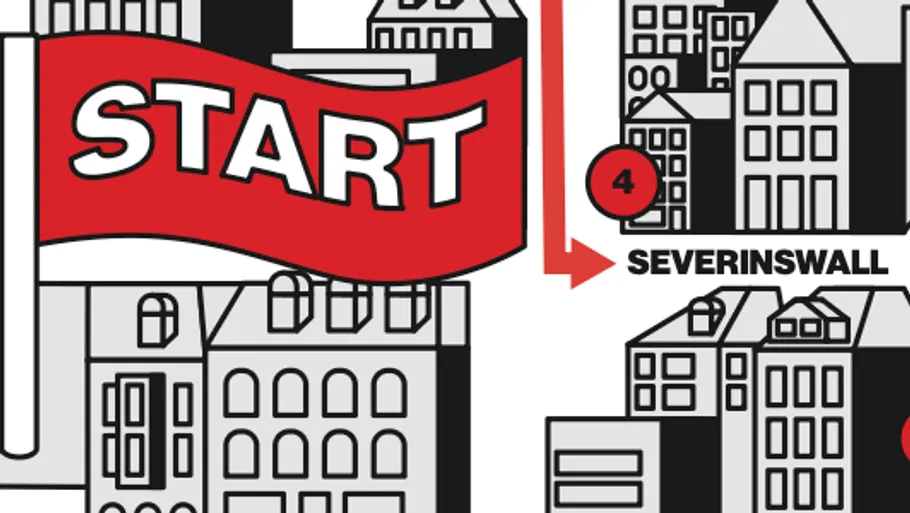 Rote Startflagge über Stadtillustration.