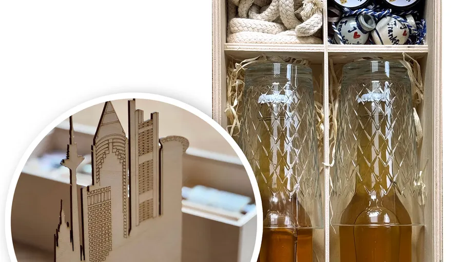 Wooden gift box with glasses and decoration.