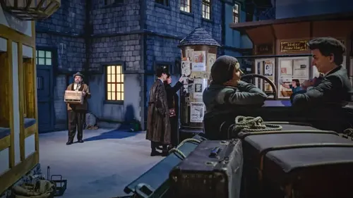 People in a vintage street setting, interacting.