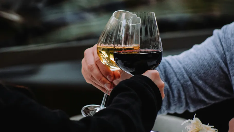 Two people toasting with wine glasses outdoors.