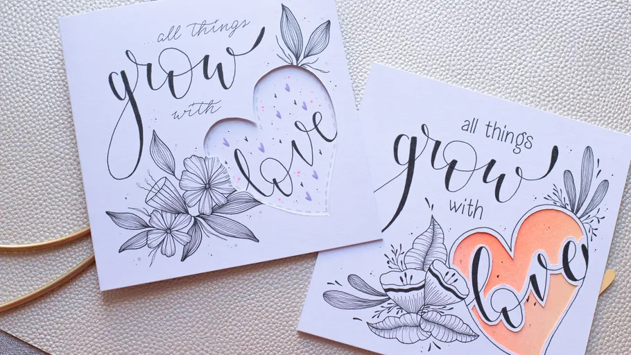 Two cards with floral designs and text.
