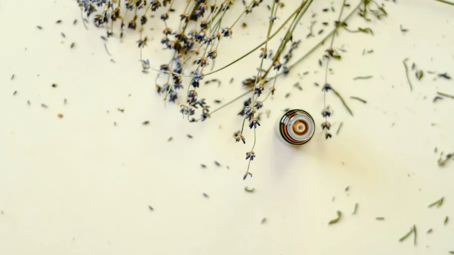 Ätherisches Ölfläschchen mit verstreutem getrocknetem Lavendel.