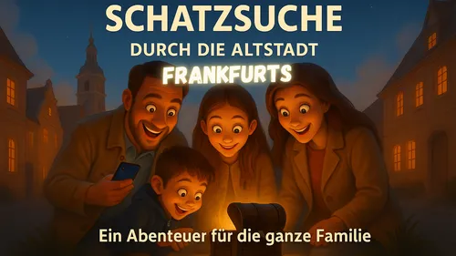 Familie schaut aufgeregt in Schatzkiste bei Nacht.