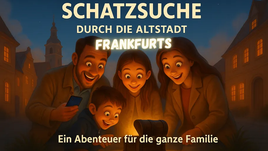 Family excitedly looks into treasure chest at night.