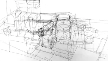 Wireframe geometric shapes in 3D space.