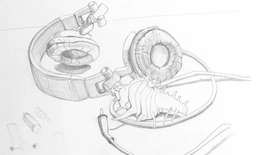 Pencil drawing of headphones on a table.