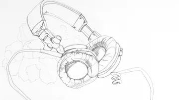Kopfhörer-Skizze mit Spiralkabel.