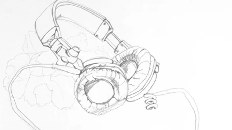 Kopfhörer-Skizze mit Spiralkabel.