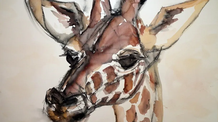 Giraffe head sketch with watercolor effect.