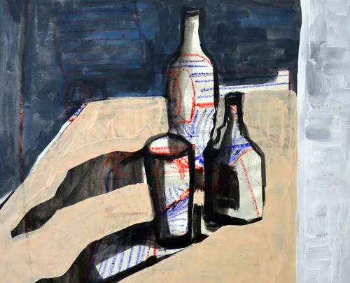 Abstract still life with hand, bottles, and cup.