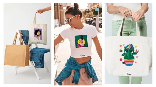 Fashionable products featuring colorful graphic designs.