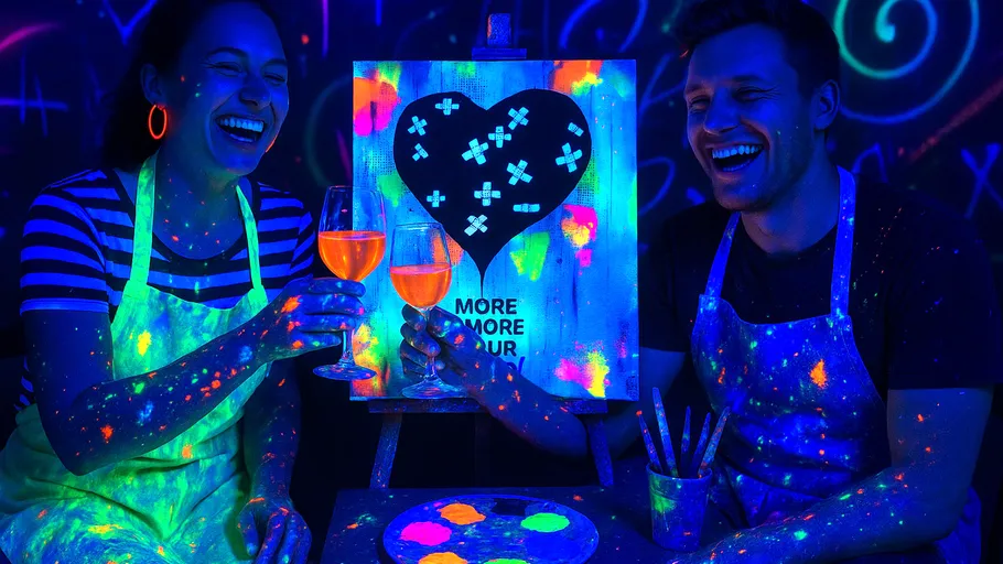 Zwei Personen malen unter Neonlichtern, lachend.