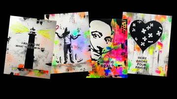 Colorful artworks with text and abstract designs.