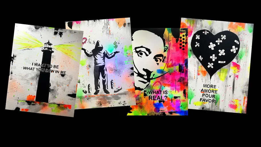 Farbige Kunstwerke mit Text und abstrakten Designs.