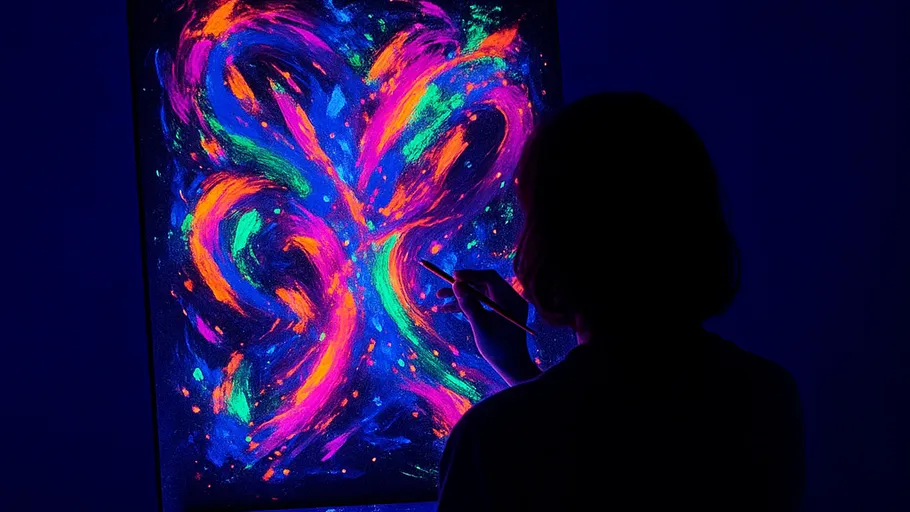 Person malt Neonkunst auf Leinwand im Dunkeln.