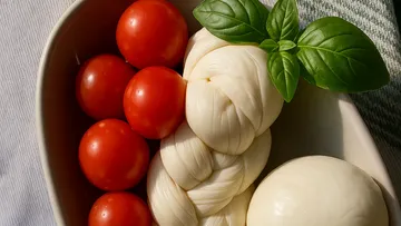 Fresh mozzarella and tomatoes in a bowl.