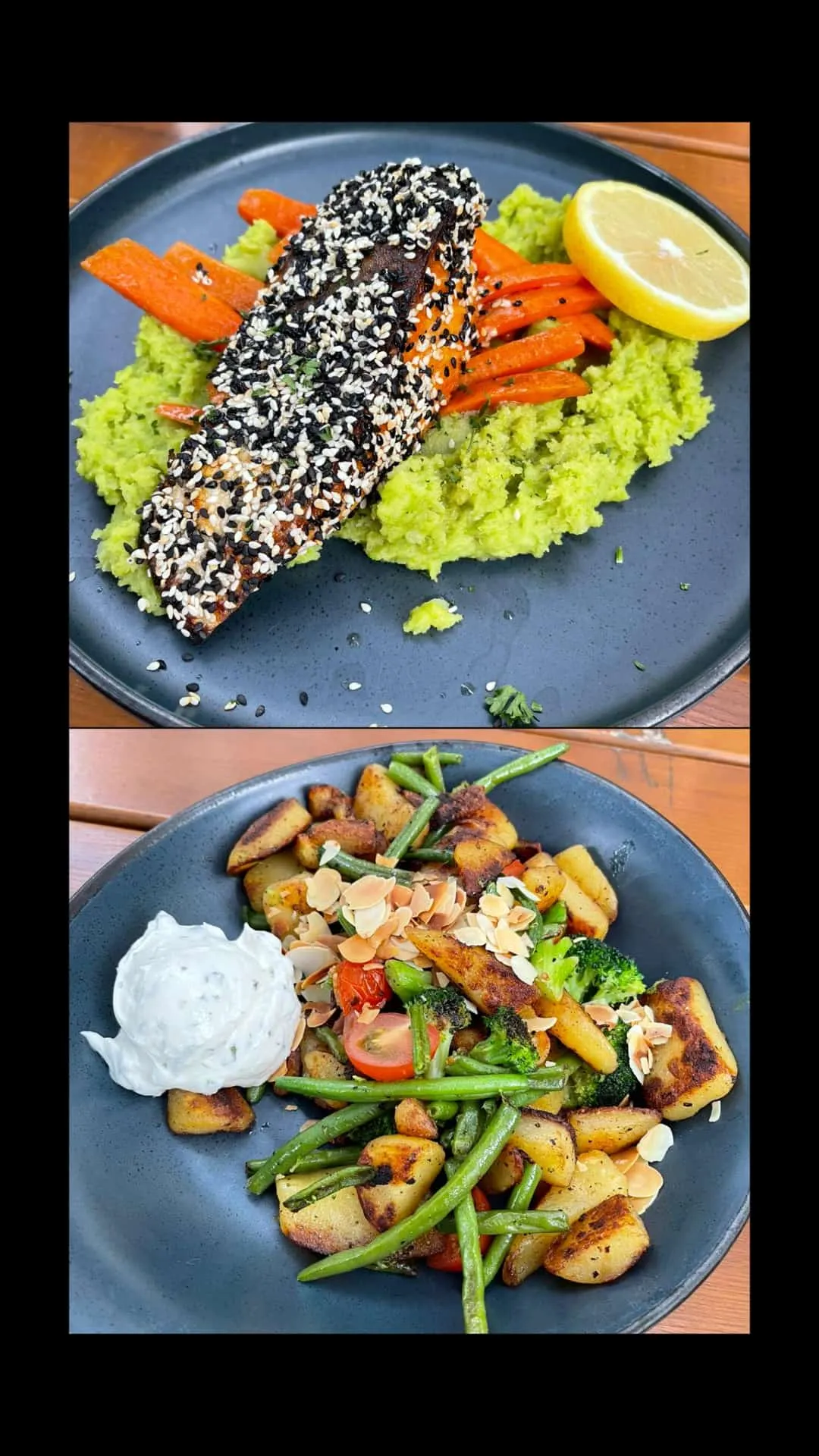 Lachs mit Sesam und Gemüseteller, bunte Präsentation.