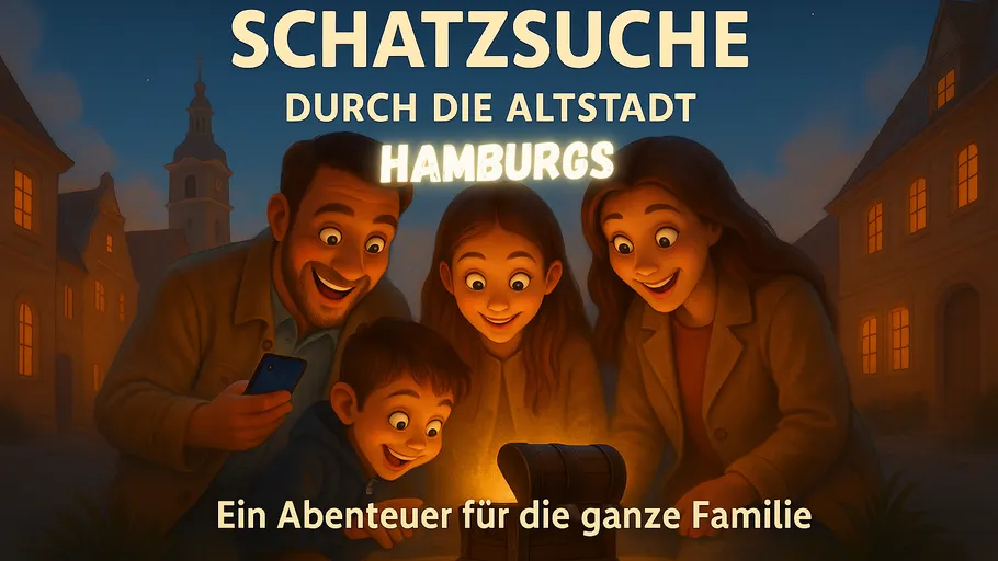 Familie lächelt Schatztruhe auf Stadtstraße an.