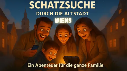 Family joyfully looking at treasure chest, night scene.