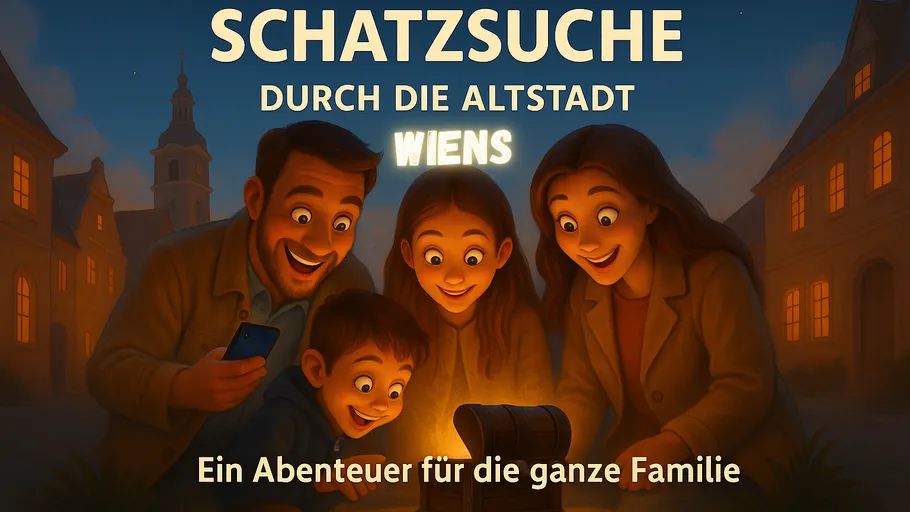 Family joyfully looking at treasure chest, night scene.