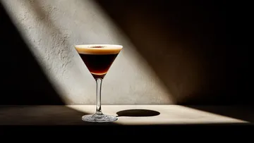 Cocktail glass casting shadow on dim surface.